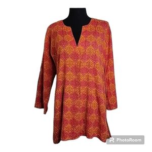 Cotton Tunic Top in Red with Orange Damask